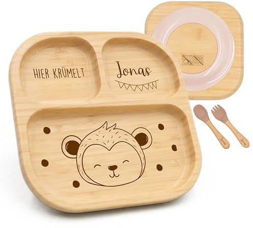 Kidsmood - Kinderteller mit Saugnapf inkl. Baby Besteck mit Namen – Teller für Kleinkinder, rutschfest – Beikost Baby Zubehör, personalisierte Geschenke zur Geburt, Taufgeschenke Jungen & Mädchen