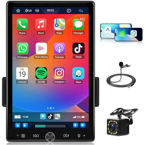 Autoradio 1 Din avec Carplay sans Fil Android Auto 10,4 Pouces Ecran Tactile Stereo, Hodozzy Verticale Ecran Poste Radio Voiture avec Bluetooth, Radio FM/RDS, SWC/USB/AUX+Caméra de Recul