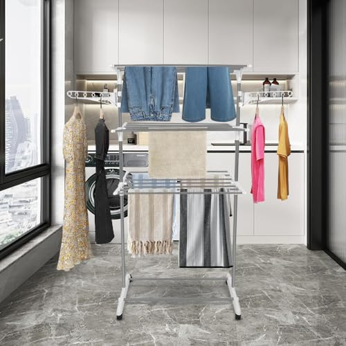 HUOLE Grande Capacité Ultra Stable Étendoir à Linge Séchoir à Linge Tour 3 Niveaux Ailes Pliables en Acier Inoxydable avec 4 Roues pour Usage Intérieur/Extérieur-75 * 44 * 158cm (Tube Blanc + Gris)