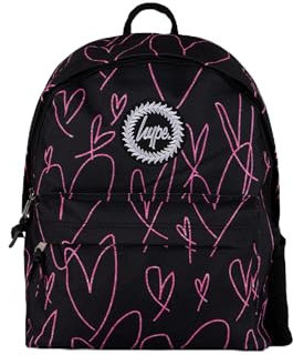 hype Unisex Backpack, Black with Pink Iconic Glitter Scribble Hearts, School Bag for Kids, Comfortable Rucksack with Bottle Holder, 3 Storage Compartments, Padded, Adjustable Straps & Grab Handle