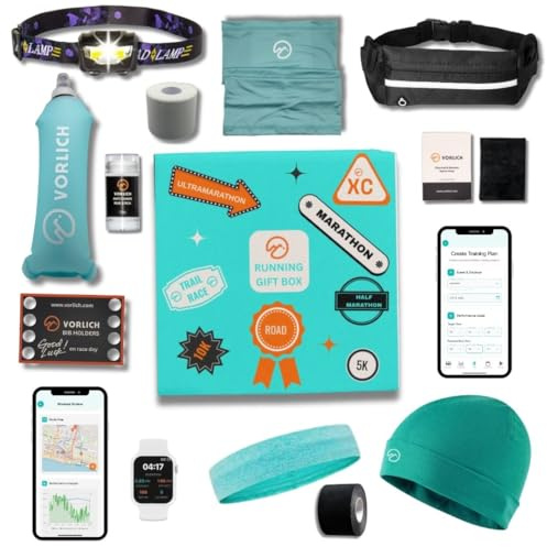 Vorlich Lauf-Geschenkbox - 13 wesentliche Artikel für Läuferinnen & Männer - Inklusive Run APP. Trainingsplan, Laufgürtel, Anti-Scheuer-Balsam, LED-Stirnlampe, faltbare Wasserflasche & mehr Damen