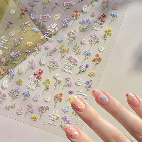 JMEOWIO 3D Nagelsticker Bunte Blumen Nail Art Sticker Selbstklebend Nagelaufkleber 5D Stereoskopisch Sommer Frühlings Blumen Dekoration Nageldesign Zubehör 1 Blatt