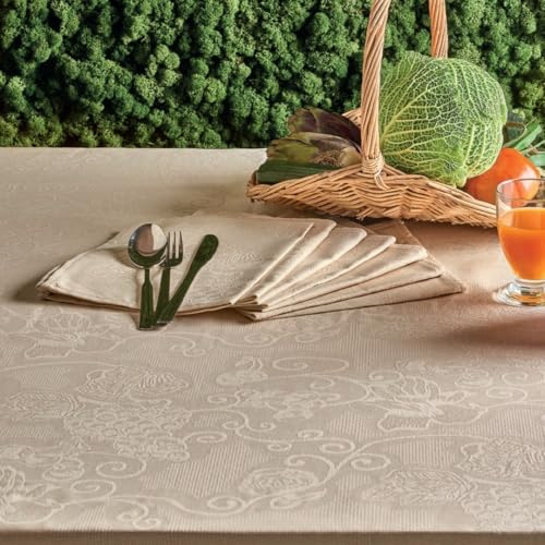 Tovaglia Con Tovaglioli Servizio Da Tavola Set Completo Cotone Tessuto Fiandra Ricamata Tinta Unita Elegante (Avorio, 6 Posti (140x180cm))