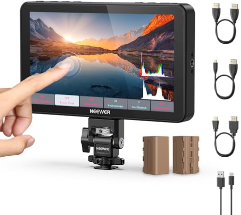NEEWER F700 7 Camera Field Monitor, 2000nit HD 1920x1080 IPS Touch Screen 3D LUT, 4K HDMI Loop in/Out Peak Focus DSLR Video Assist HDR Waveform, Cold Shoe Mount, 2 NP-F750 Batteries, Cleaning Cloth