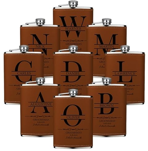 Ensemble de 9 Flasques Personnalisées pour Hommes - Cadeaux pour Garçon d'honneur et témoins de Mariage avec Initiales - Flasques à Boire Gravées sur cuir de 8oz (227ml) - Brun