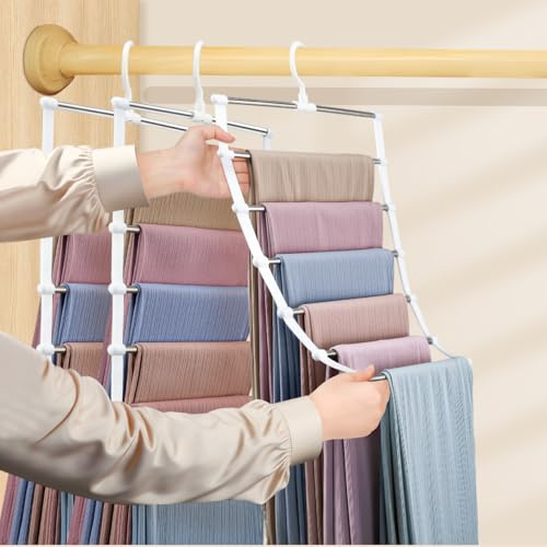 BESPOTCL Hosenbügel 3 Stück, 6 Etagen Kleiderbügel Platzsparend, Edelstahl Hosenaufhänger mit 80% Platzersparnis, Faltbarer & Drehbarer Hosenorganizer für Jeans, Röcke, Hosen, Bettwäsche, Handtücher