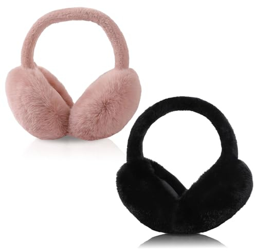 Kuchisity 2er-Pack Winter Ohrenwärmer Damen, Faltbare Verstellbarer Ohrenschützer Plüsch Winter Earmuffs Ear Warmer Für Damen Frauen (Bohnenpaste Rosa+Schwarz)
