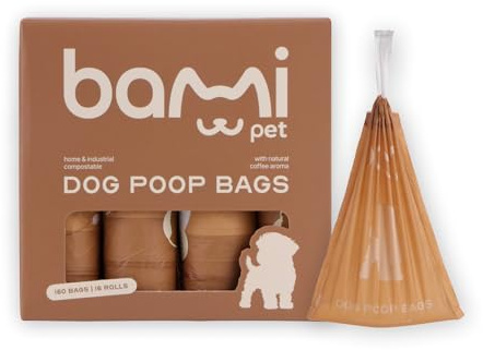 BaMi Pet Komposterbara Hundpåsar med Knythandtag – 16 rullar – Miljövänliga & Biologiskt Nedbrytbara Bajspåsar med Kaffedoft – Extra Starka & Läckagesäkra – Passar Standarddispenser