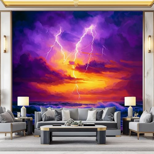 Tapete Lila Orange Tapeten Vliestapete mit Sonnenuntergang Meer Muster für Schlafzimmer, Küchentapete Wand Schrankaufkleber Wandtapete Badezimmer Möbel Wohnzimmer, 250 x 175 cm