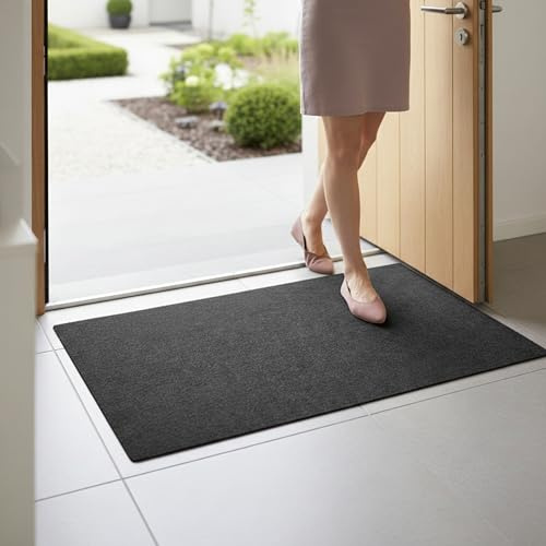 cocofy Fußmatte dünn 2 mm extra flach 60x90 cm, Schmutzfangmatte dünn innen, dünne Fußmatte aus Filz mit Anti-Rutsch Unterseite, Türmatte innen, Anthrazit Dunkelgrau