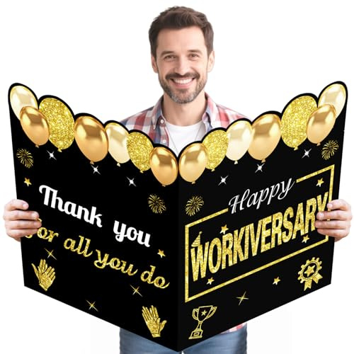 Zirtorei Large Happy Workiversary Card for Men Women Employee, Black Gold Happy Work Anniversary Party Decorations Giant Signature Guest Book, Jumbo Workiversary greeting card Business Gift for Office