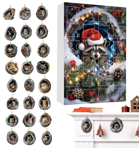 Byeaon Calendrier de l'Avent Animalier 2025,24 Jours 2D Acrylique Calendrier de Noël Décor de Trou d'Arbre,Ornement Scolaire Suspendable | pour Fête Porte d'Entrée Rétroviseur Balcon