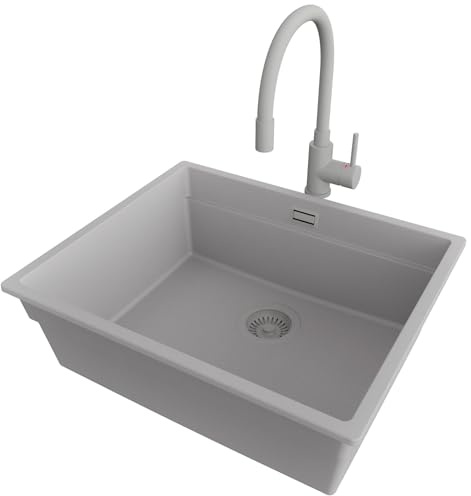 PRIMAGRAN Fregadero bajo Encimera Gris 56x47cm, Granito 1 Seno + Grifo 38x14cm + Sifón, Cocina al mueble 60cm - Prague
