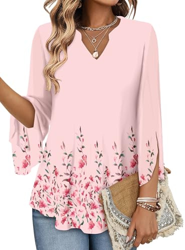 KISSMODA Women's Ruffle 3/4 Sleeve Tunic Tops V Neck Loose Flowy Chiffon Blouses Double Layers Mesh Shirts B Pink