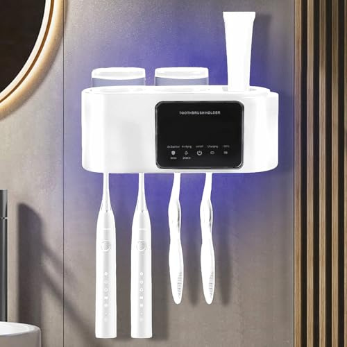 Porta Cepillo de Diente,Soporte para Cepillo De Dientes de Pared con Función Esterilizador,Soporte Cepillos Electricos y Compartimento de Almacenamiento,4 Ranuras para Cepillos,2 Tazas (Blanco)