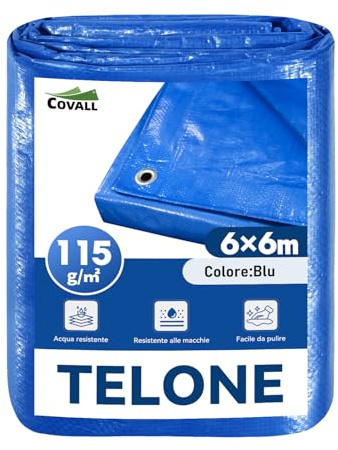 COVALL Telone Blu 6x6 m 115 g/m², Impermeabile Antistrappo per Carichi Pesanti, con Occhielli, per Campeggio, Giardino, Copertura Tetto e Magazzino