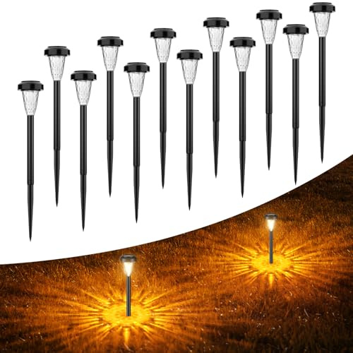 FIFlying Lampada Solare Giardino Esterno 12 Pezzi, 2 Modalità Bianca Calda Luci da Esterno Giardino Solare, IP65 Impermeabile Luci Solari Esterno per Giardino, Cortile, Sentieri, Prato, Paesaggio