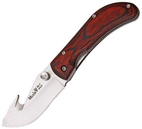 Muela Navaja de Caza SW-8R con hoja de acero ACX-380 de 7,5 cm y empuñadura de madera de coral de 10 mm para Caza, Pesca, Supervivencia y Bushcraft + Portabotellas de regalo