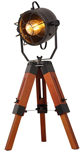 BarcelonaLED Lampe de Table Lampadaire Design Industriel Vintage avec Trépied en Bois et Projecteur Projecteur Réglable Noir E27 Edison pour Bar Chambre Tête de Lit Salon Nordica Studio Chevet
