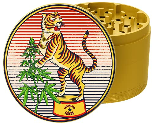 GRINDNATION Premium Design Grinder 'TIGER' | Gold | ø 63mm groß | messerscharfes Mahlwerk | Starker Magnet | 4-teilig | Set inkl. Beutel, Schaber & Pinsel