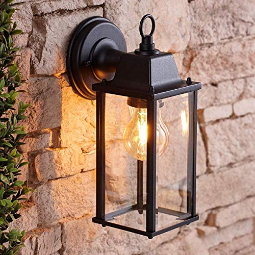 CGC Lighting Outdoor Outside Wall Light Mains Power Bevelled Glass Coach Lantern Porch Garden Decorative Lamp Fixture Waterproof (Black)
