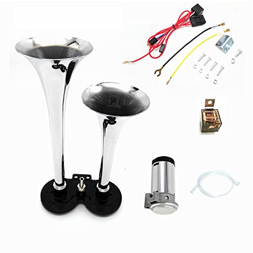 YIYIDA Car Horn Lufthorn Auto Horn 150DB LKW-Hupe Chrom Zink Trompete Silber Auto Lautsprecher Super Lautes Doppelrohrhorn mit Kompressor Luftpumpe LKW Air Horn für 24V Car Zug Van Boot Motorrad usw