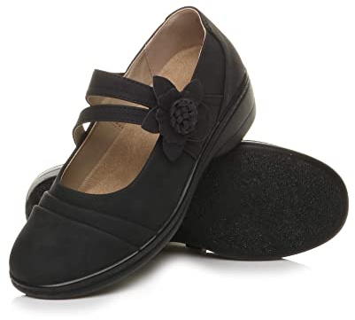 AJVANI Womens Ladies Wide fit Flat Grip Sole Padded Mary Jane Hook & Loop Comfort Shoes Size