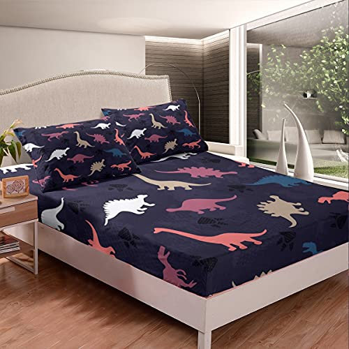 Juego de sábanas de Dinosaurio para niños, Lindas sábanas de Dinosaurio de Dibujos Animados para niños y niñas, Bonito patrón de Animales de la Selva, sábana Bajera Ajustable, Color Blanco, Azul Rojo