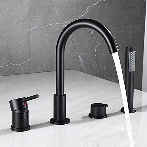 4-Loch Wannenrandarmatur Wannenkombination Wannenarmatur Kalt und Kalt Multifunktions Wasserhahn Badewanne Armatur Badewannenarmatur mit Ausziehbarem Handbrause-Schwarz