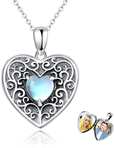 Waysles Herz Medaillon Kette Damen 925 Sterling Silber Mondstein Opal Medaillon Herz Amulett zum Öffnen 2 Fotos Geschenk für Freundin Frau Mutter Love You Forever