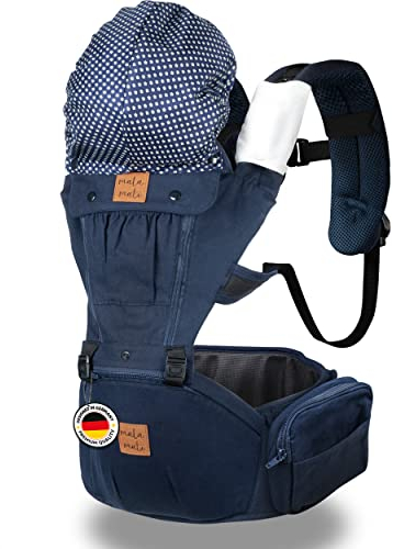 MALA MATI Babytrage ab 3. Lebensmonat, atmungsaktiv mit Sonnenschutz und Seitentaschen, bis 20 kg, Multiposition 2 bis 6 Positionen, verstellbar, ergonomische Bauchtrage für Mutter und Kind