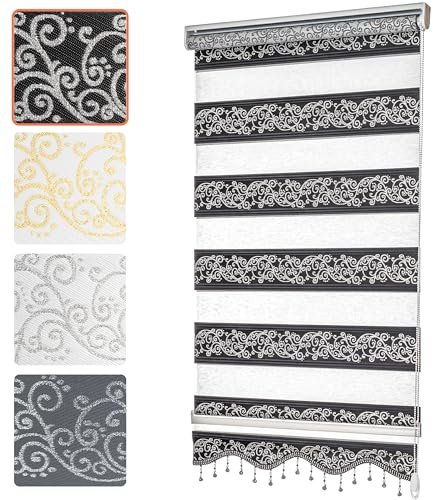 Bailena® Doppelrollo Klemmfix ohne Bohren - 4in1 Duo Rollo mit Muster Schwarz Silber Glitzernd 60x200cm - Ranken & Blumen Motiv Doppelrollo mit Perlen - Gardinen Rollos für Fenster & Tür
