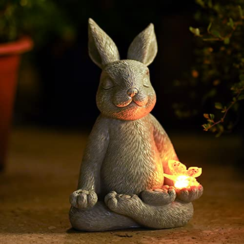 Yeomoo Meditation Yoga Kaninchen Figuren Deko Zimmer Gartendeko für Drau: Hase mit Solar Schmetterling Gartenfiguren Geschenke für Frauen Mama Freundin Geburtstag Wasserdicht Deko Wohnzimmer Garten