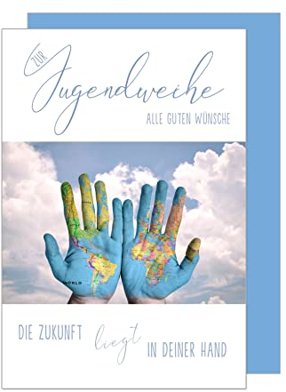 Edition Seidel Premium Glückwunschkarte zur Jugendweihe mit Umschlag. Eine einzelne Karte zur Jugendweihe mit Spruch. Grusskarte Hände Welt Himmel Junge Mädchen (JW125 SW023)