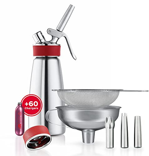 iSi - Dosatore per Panna Gourmet da 0,5 L + 6 x 10 Capsule di Panna + ugelli in Acciaio Inox + Imbuto + setaccio + Tappo per Montare in Un Set - spruzzatore per Panna per Panna, zuppe e Dessert