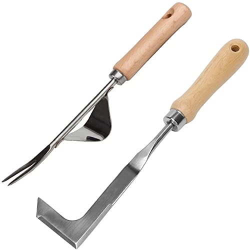 HUOGEE Gartenwerkzeuge Set 2 Stück Fugenkratzer Gartenset Fugenkratzer mit Holzgriff Unkrautmesser Edelstahl Fugenreiniger Unkrautkratzer zum Entfernen von Moos und Unkraut, Gärtner.