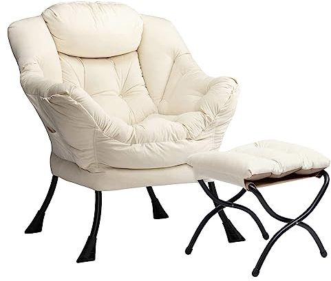 HollyHOME Sessel mit Hocker Ohrensessel mit Hocker Samt Sessel Wohnzimmer Relaxsessel Schlafzimmer Lesesessel Lounge Sessels Stahlrahmen, Beige