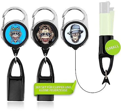 Funky Monkey Feuerzeug Schlüsselanhänger 3er Set Lighter Leash kompatibel mit nahezu jedem - Feuerzeug Halter Clips mit ausziehbarer Schnur in Größe S (Small)
