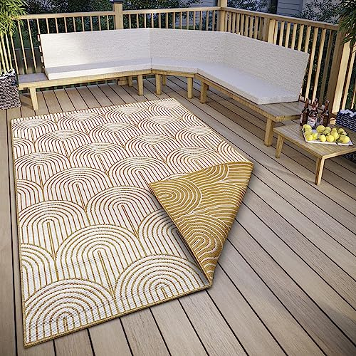 Hanse Home Pangli Tapis d'extérieur résistant aux intempéries, réversible, Style bohème scandinave, imperméable, Couleur Unie, géométrique, Effet 3D, pour Jardin, Balcon, terrasse, Salon, Ocre, 80 x