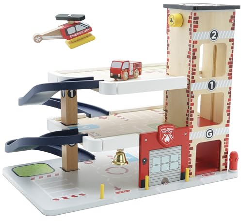 Le Toy Van - TV453 - Estación de Bomberos de Juguete para Niños, 3 Años, Madera Certificada FSC, Incluye 1 Camión de Bomberos, 1 Helicóptero, Garaje Apertura, Ascensor, Timbre de Emergencia