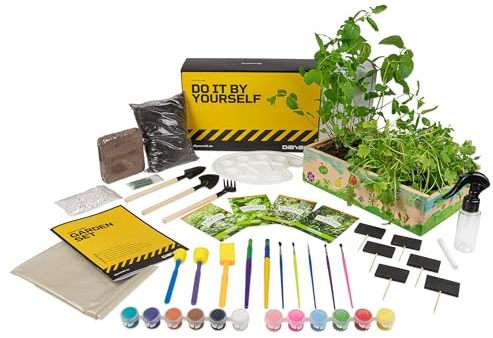 DIYBS Kit Jardineria Niños | Juego Completo de Jardinería con Semillas de Hierbas, Herramientas de Madera, Tierra, Colores y Caja de Cultivo para Pintar | Idea de Regalo Creativa | Set de Plantas