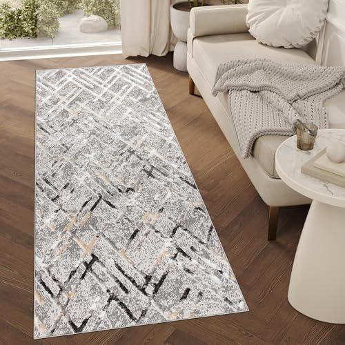 TAPISO Crystal Läufer Teppich Glänzend Hellgrau Schwarz Beige Abstrakt Zigzag Wohnzimmer Schlafzimmer Flur Korridor Modern Design ÖKO-TEX 70 x 140 cm