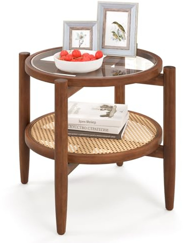 GYMAX Runder Beistelltisch, Rattan Couchtisch 2 Ebenen mit gehärteter Glasplatte & Akazienholzbeinen, platzsparender Nachttisch, Teetisch für Schlafzimmer & Wohnzimmer, 56 x 56 x 46cm