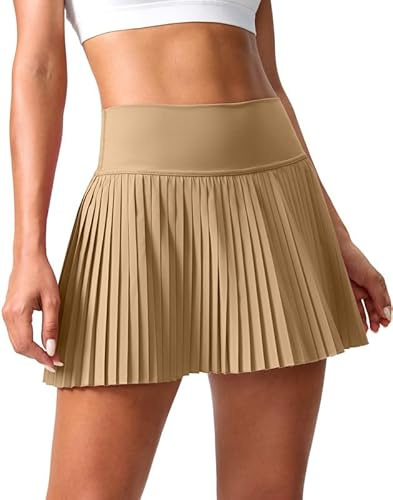 SANTINY Pleated Tennis Skirt for Women with Pockets Shorts Women's High Waisted Lightweight Athletic Golf Skorts Skirts for Casual(Dark Khaki_M)