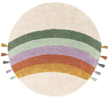 RugVista Rainbow Kinderteppich, Ø 150 cm, Off Weiß/Multi | Moderne, Kinder, Rund, Niedriger Stapel, Maschinenwäsche, Oeko-Tex 100, Ohne gefährliche Chemikalien, Kinderzimmer