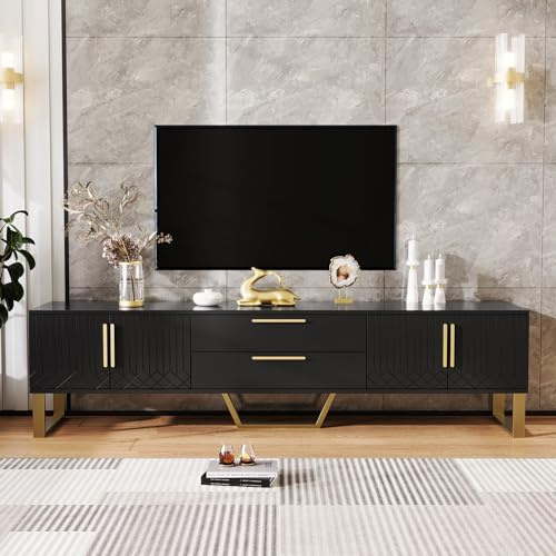 Merax Meuble TV brillant avec accents dorés et porte texturée gravée - Solution de rangement parfaite pour le salon alliant élégance, luxe et fonctionnalité - Noir