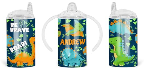 Personalisierte Baby-Schnabeltasse – Edelstahl doppelwandige Tasse für Kinder – isolierte Schnabeltasse (Dinosaurier) 350 ml