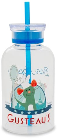 Disney Pixar Ratatouille Gusteau's Bon Appetit - Botella de leche de vidrio con pajita, jarra transparente para leche de almendras, jugo, bebidas, capacidad para 15 onzas