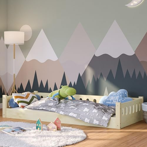 Bellabino Bodenbett Miera 90x200 cm, Montessori Kinderbett Natur lackiert, Bett für Kinder inkl. Rausfallschutz und Rolllattenrost mit offener Seite aus Birke Sperrholz