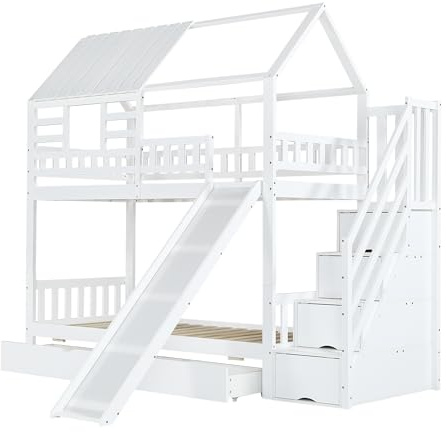 Idemon Letto a castello con scala e scivolo, letto per casa, scala con vano portaoggetti, telaio in legno di pino e MDF, culla con finestra e tetto, con griglia anticaduta e cassetto, bianco, 90 x 200